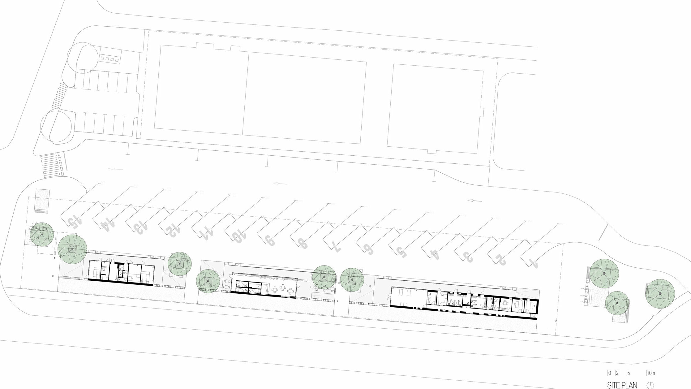 The site plan shows an overview of the "Autobusni Kolodvor Slavonski Brod" bus stop in Croatia. The drawing illustrates the arrangement of the bus platforms and car parks as well as the buildings and green areas on the site. The buildings of the bus stop can be seen in the centre of the plan, interrupted by several trees. The bus platforms are numbered and arranged along the top of the plan, while the car parks are located at the bottom. The site plan provides a clear representation of the entire site and its structural elements, including paths, car parks and greenery.