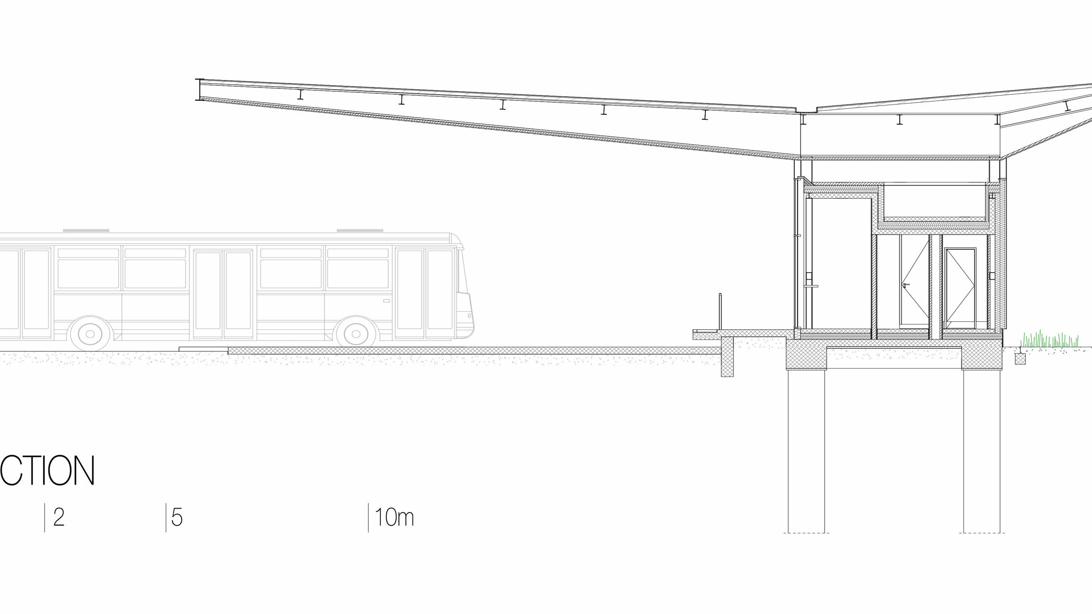The drawing shows a cross-section of the "Autobusni Kolodvor Slavonski Brod" bus station in Croatia. The section illustrates the construction of the building, including the white PREFA Prefalz roof, which rests on slender pillars and protrudes far above the areas below. Beneath the roof are the station's interior spaces with clear lines and large glass surfaces. The drawing also shows the foundation construction and the underground columns that support the structure. A bus is shown on the left-hand side to illustrate the proportions. The cross-section emphasises the modern and functional construction of the bus stop and the integration of glass and aluminium into the design.