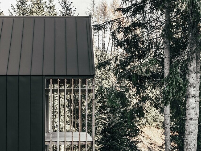 Side view of a single chalet. You can see the prefalz roof and façade, the wooden beams on the side of the balcony and the coniferous forest all around.