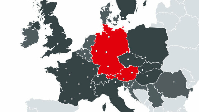 Map showing all European countries in which PREFA does business, with the two production sites in Austria and Germany in red