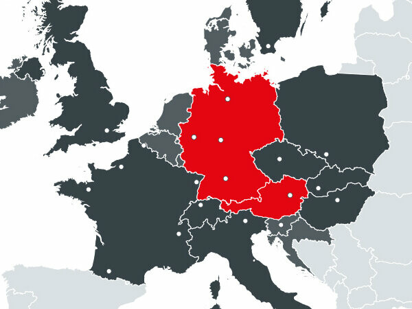 Map showing all European countries in which PREFA does business, with the two production sites in Austria and Germany in red