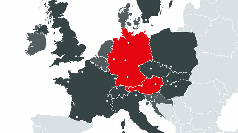 Map showing all European countries in which PREFA does business, with the two production sites in Austria and Germany in red