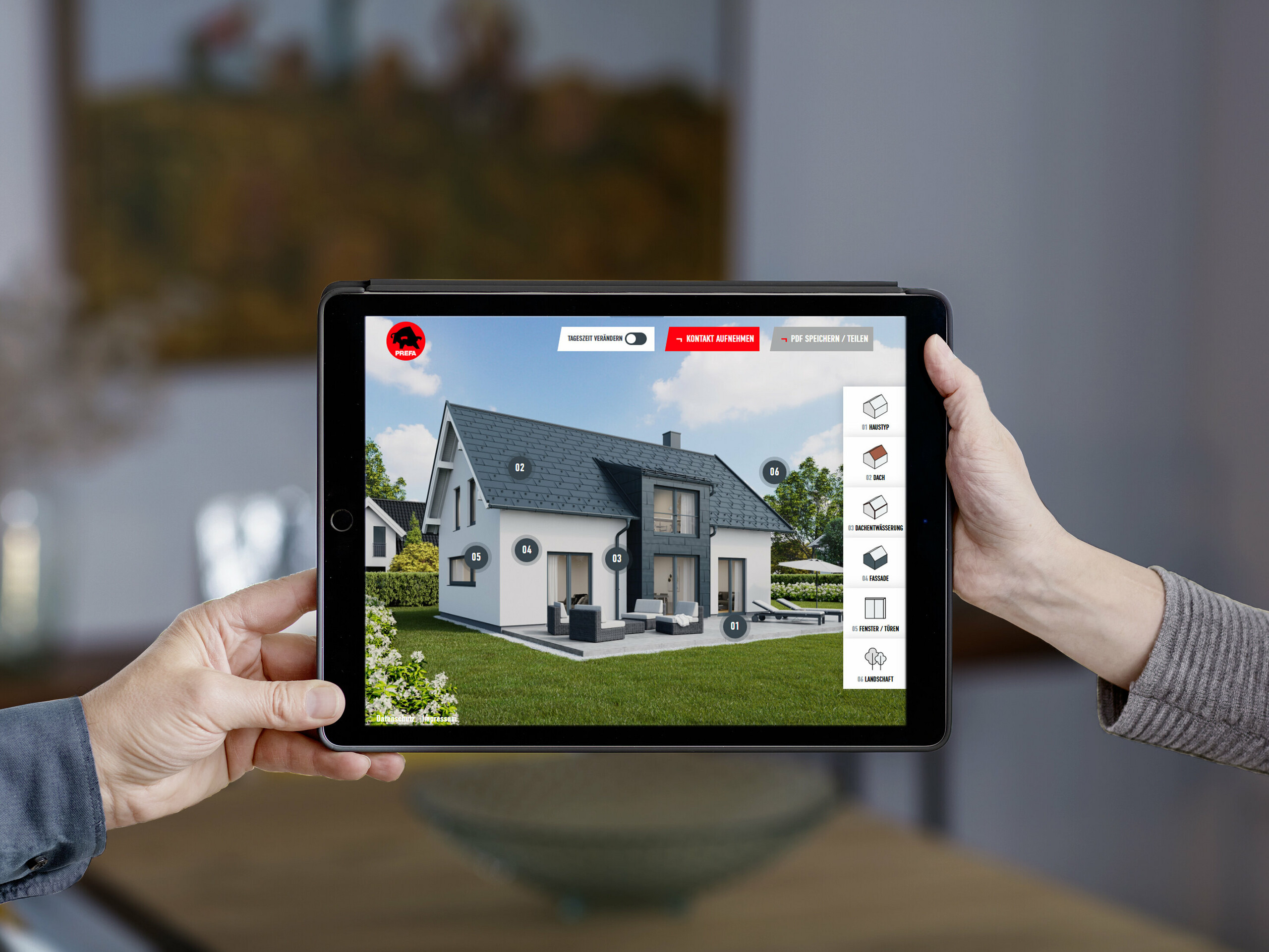 Two hands holding a tablet. The PREFA roof and façade configurator page is open on the tablet.