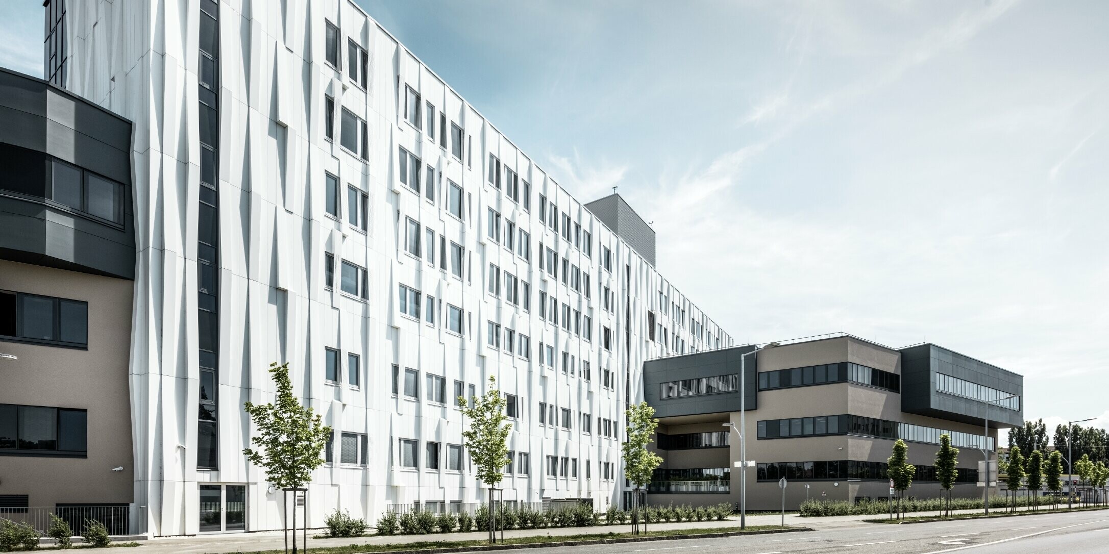 Lateral view of the University hospital. A street with some trees can be seen in the foreground.