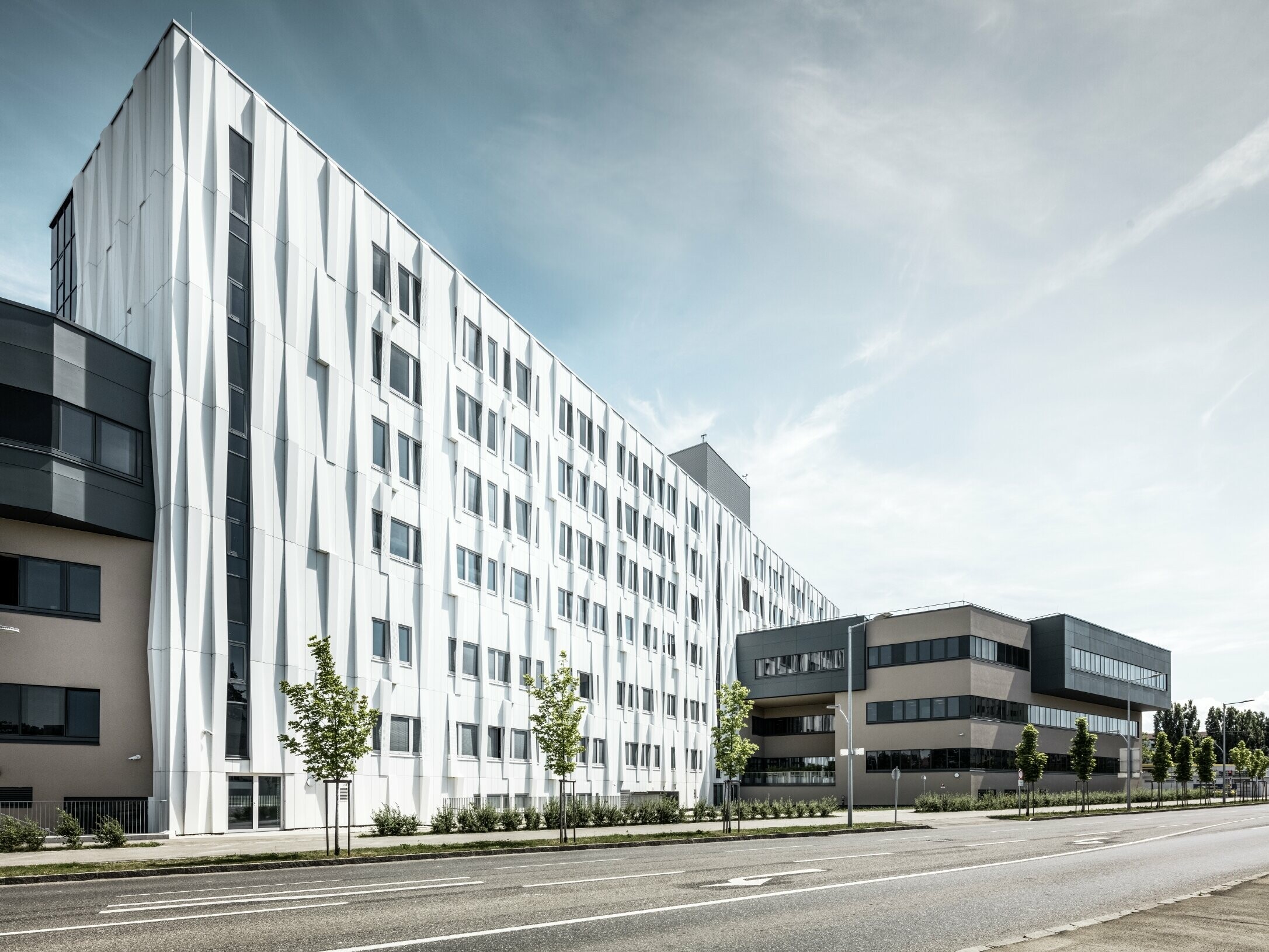 Lateral view of the University hospital. A street with some trees can be seen in the foreground.