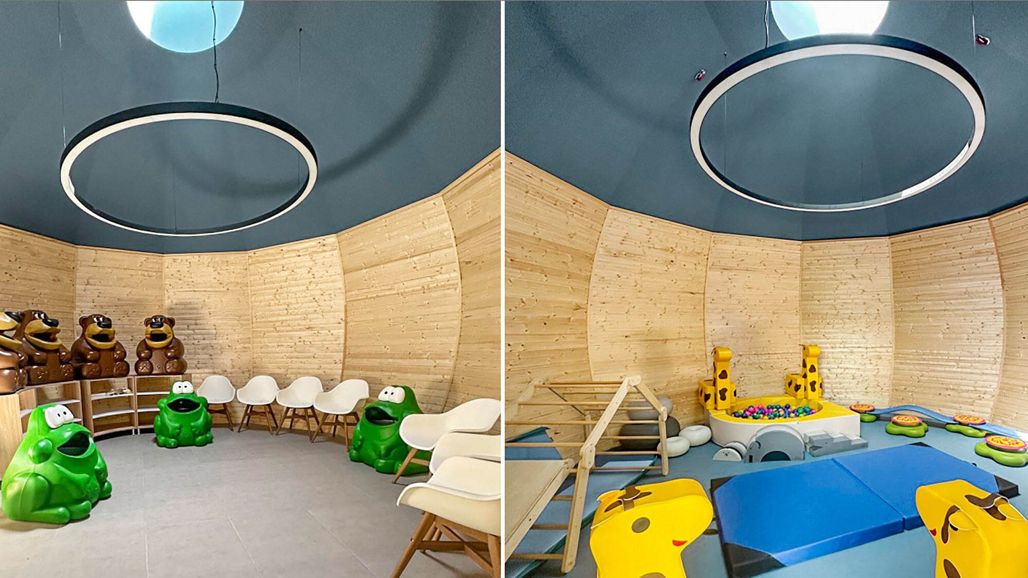 Two interior views in the finished state of the construction: on the left, playful and cheerful furnishings with seats and storage facilities, on the right, gymnastic equipment and toys.